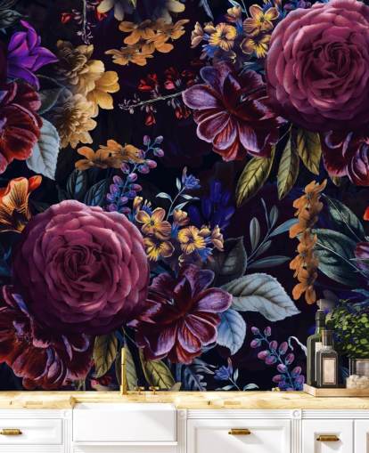 papel pintado de flores moradas y rosas oscuras