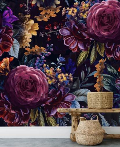 papel pintado de flores moradas y rosas oscuras