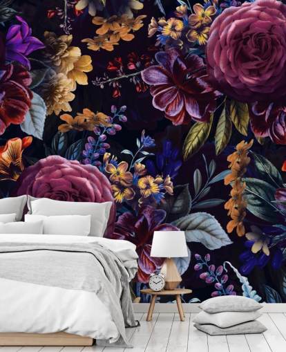 papel pintado de flores moradas y rosas oscuras