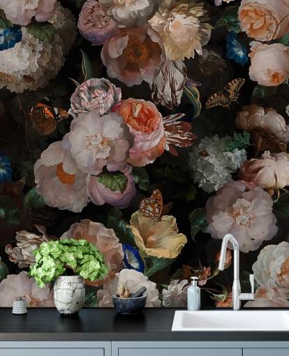 antique effect sepia toned floral wallpaper