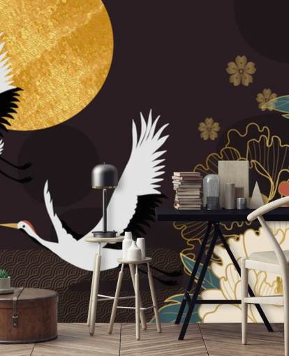 duas garças voando pela lua e flores grandes papel de parede duas garças voando pela lua e flores grandes papel de parede