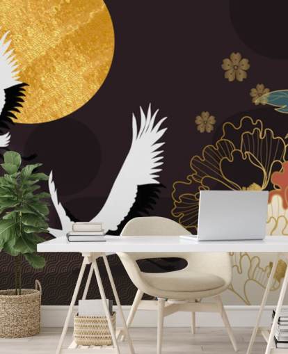 carta da parati con due aironi che volano sulla luna e grandi fiori