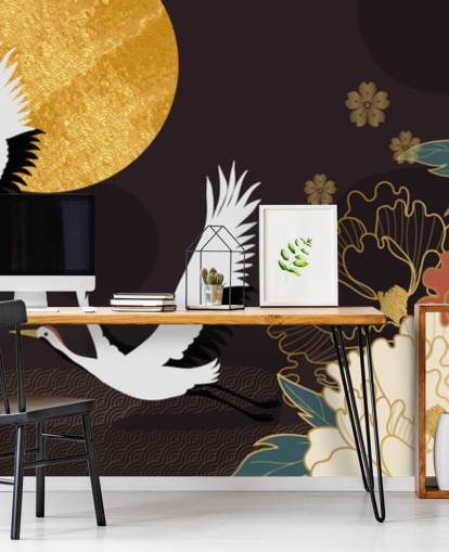 deux hérons volant à travers la lune et de grandes fleurs papier peint