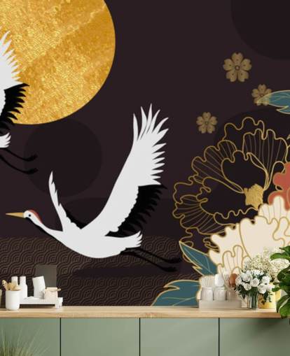 two herons flying across moon and large flowers wallpaper two herons flying across moon and large flowers wallpaper