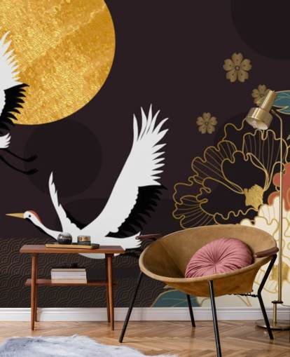 two herons flying across moon and large flowers wallpaper