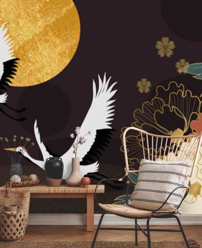 deux hérons volant à travers la lune et de grandes fleurs papier peint