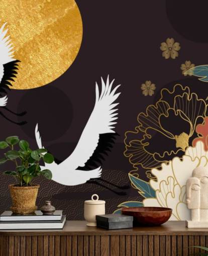 duas garças voando pela lua e flores grandes papel de parede duas garças voando pela lua e flores grandes papel de parede