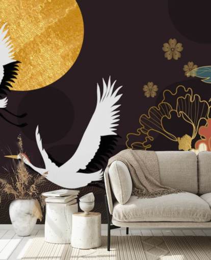 Papel pintado de dos garzas volando a través de la luna y flores