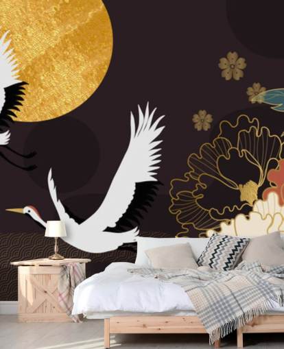 zwei Reiher fliegen über Mond und große Blumen Wallpaper