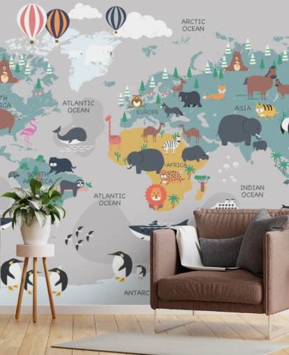 childrens animal map wallpaper