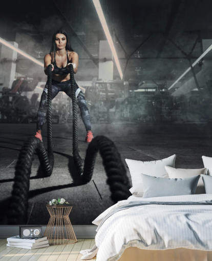 Powerful muscular woman fitness trainer do battle workout with ropes mural