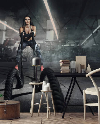 Powerful muscular woman fitness trainer do battle workout with ropes mural