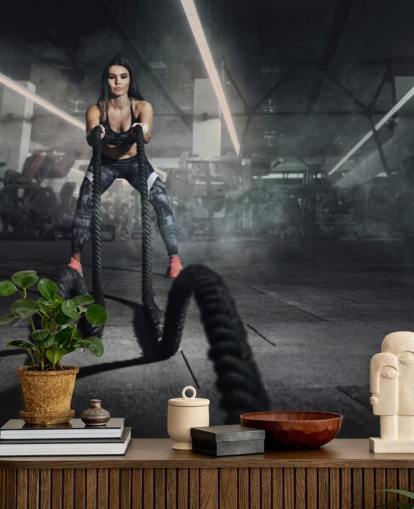 Powerful muscular woman fitness trainer do battle workout with ropes mural