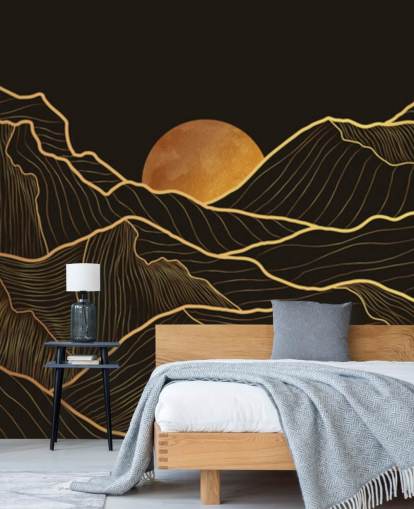Schwarz-Gold-Berglinien-Kunst-Tapete