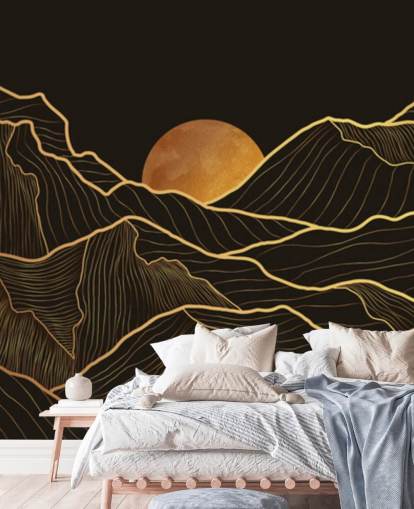 black and gold mountain line art wallpaper