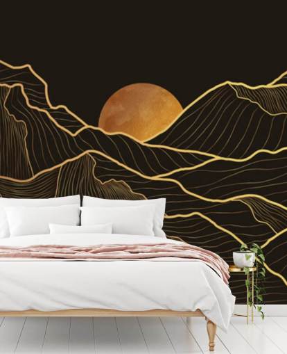 musta ja kulta Mountain Line Art tapetti