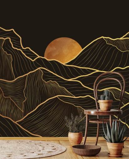 black and gold mountain line art wallpaper