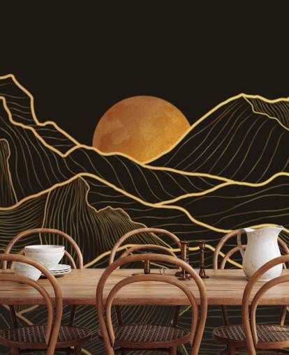 black and gold mountain line art wallpaper