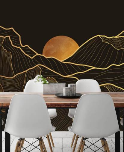 Schwarz-Gold-Berglinien-Kunst-Tapete