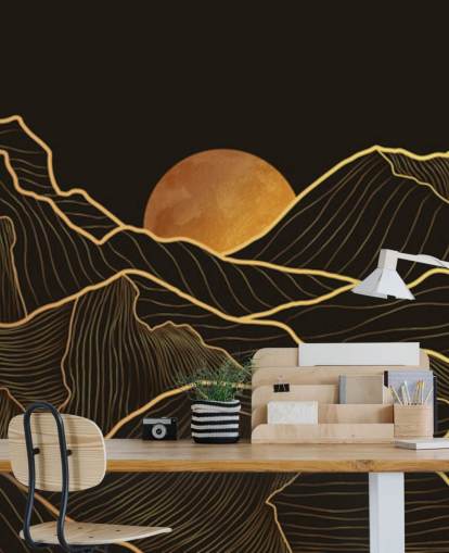 black and gold mountain line art wallpaper