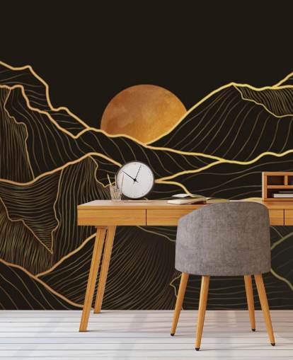 papel pintado de línea de montaña negra y dorada
