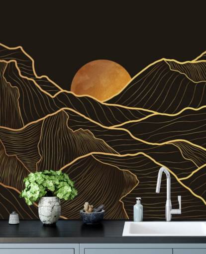 carta da parati nera e oro con linee di montagna