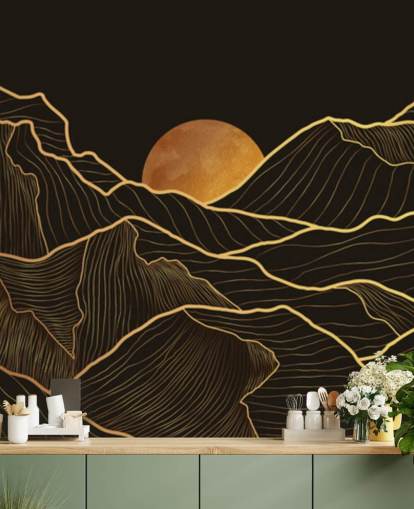 Schwarz-Gold-Berglinien-Kunst-Tapete