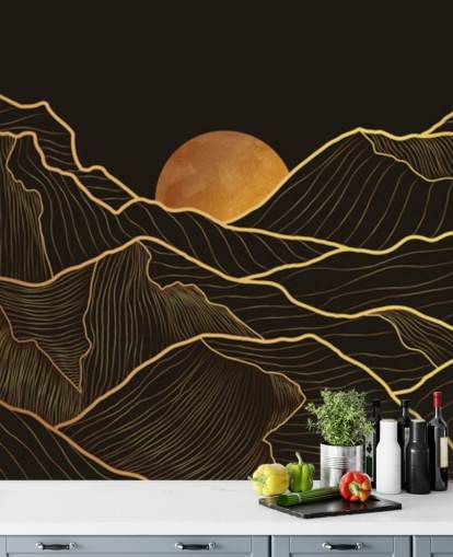 Schwarz-Gold-Berglinien-Kunst-Tapete Schwarz-Gold-Berglinien-Kunst-Tapete
