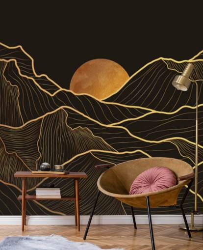 papel de parede preto e dourado da linha da montanha
