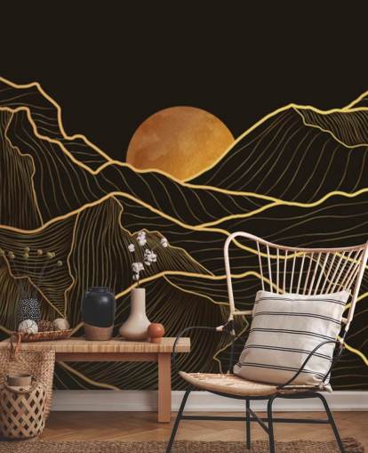 papel de parede preto e dourado da linha da montanha