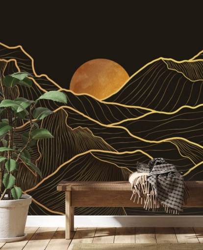 papel de parede preto e dourado da linha da montanha