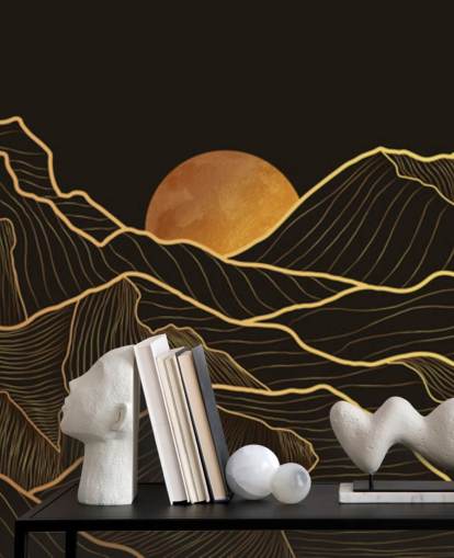 black and gold mountain line art wallpaper