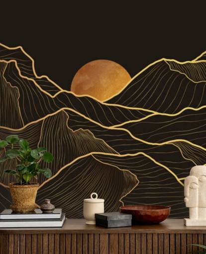 papel pintado de línea de montaña negra y dorada