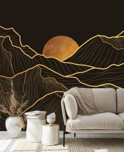 Schwarz-Gold-Berglinien-Kunst-Tapete