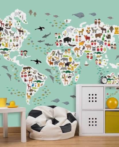 mint green animal world map wallpaper