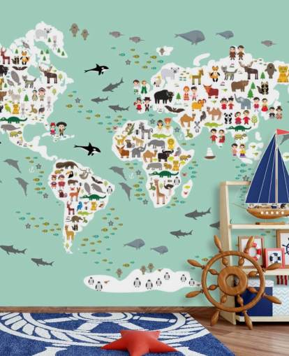 carta da parati verde menta mappa del mondo animale