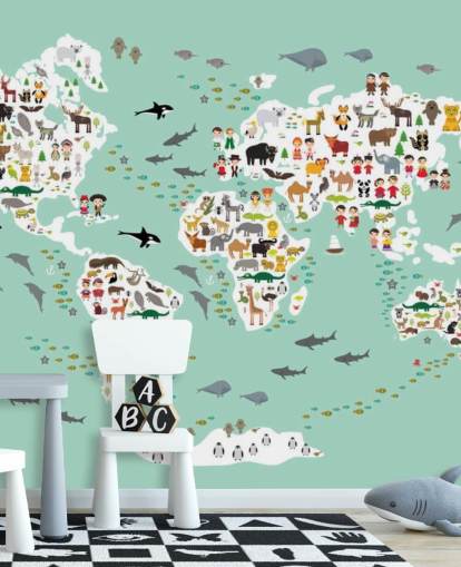 carta da parati verde menta mappa del mondo animale