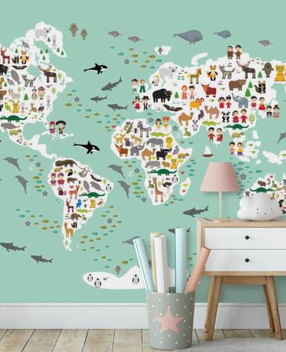 papel de parede do mapa do mundo animal verde menta