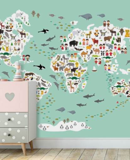 carta da parati verde menta mappa del mondo animale
