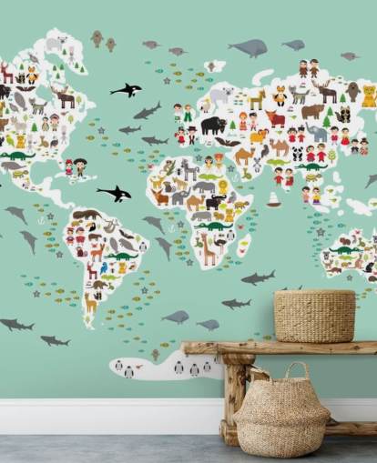 papel pintado de mapa del mundo animal verde menta