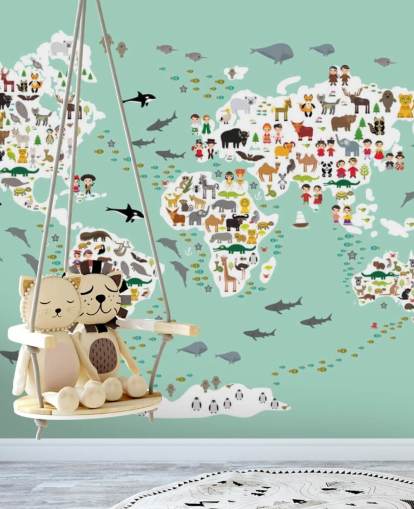 mint green animal world map wallpaper