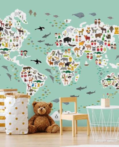 papier peint carte du monde animal vert menthe