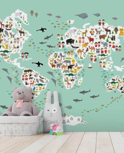 mint green animal world map wallpaper