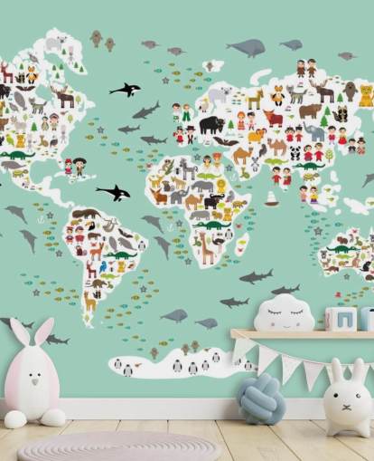 papel pintado de mapa del mundo animal verde menta