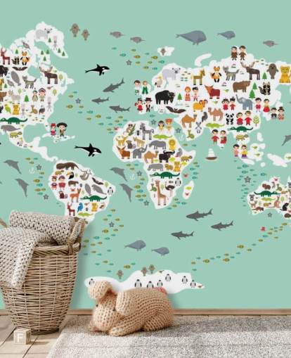 papel de parede do mapa do mundo animal verde menta
