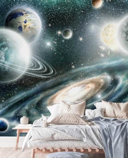 Blaue und graue Weltraumtapete mit einer Spiralgalaxie und schwimmenden Pflanzen mit Sternen-Tapete Blaue und graue Weltraumtapete mit einer Spiralgalaxie und schwimmenden Pflanzen mit Sternen-Tapete