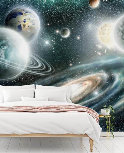 Blue and gray space wallpaper with a spiral galaxy and loating plants with stars wallpaper Blue and gray space wallpaper with a spiral galaxy and loating plants with stars wallpaper