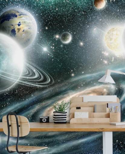 Papel de parede espacial azul e cinza com uma galáxia espiral e papel de parede de plantas flutuantes com estrelas Papel de parede espacial azul e cinza com uma galáxia espiral e papel de parede de plantas flutuantes com estrelas