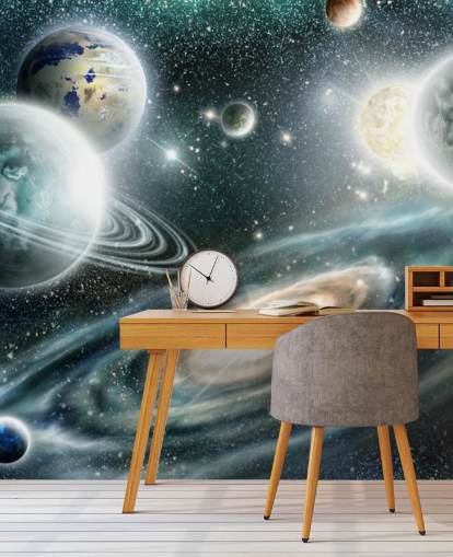 Papel pintado espacial azul y gris con una galaxia en espiral y papel pintado de plantas flotantes con estrellas