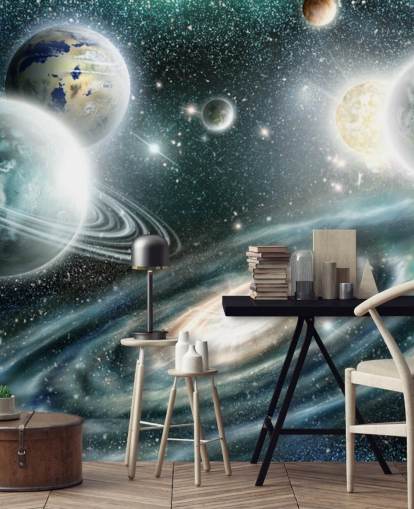 Blue and gray space wallpaper with a spiral galaxy and loating plants with stars wallpaper